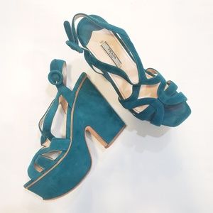 PRADA size 8 (38)blue/green suede platform heels